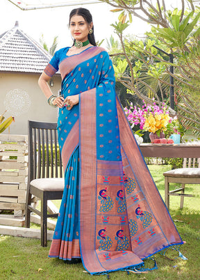 Sky Blue Spun Silk Saree With Blouse Piece