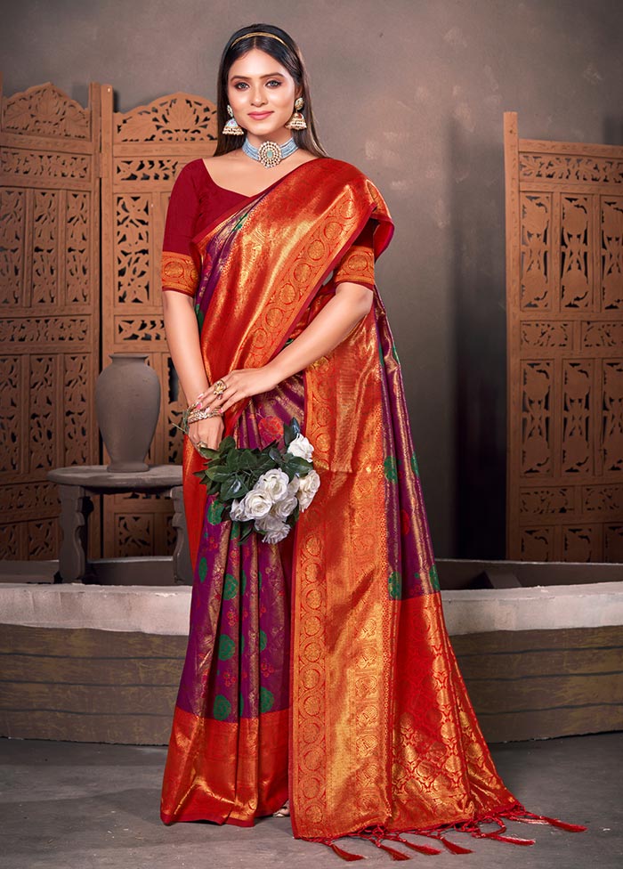 Dark Pink Spun Silk Saree With Blouse Piece