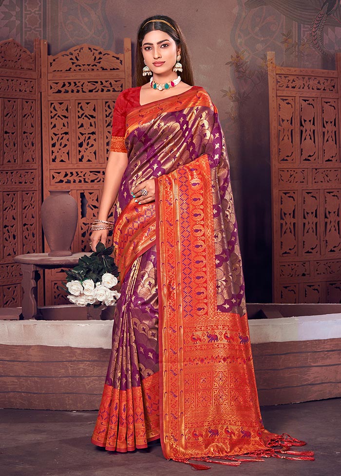 Purple Spun Silk Saree With Blouse Piece