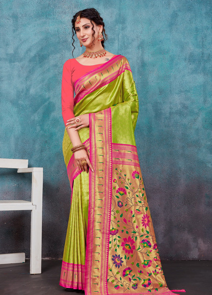 Parrot Green Paithani Silk Saree With Blouse Piece