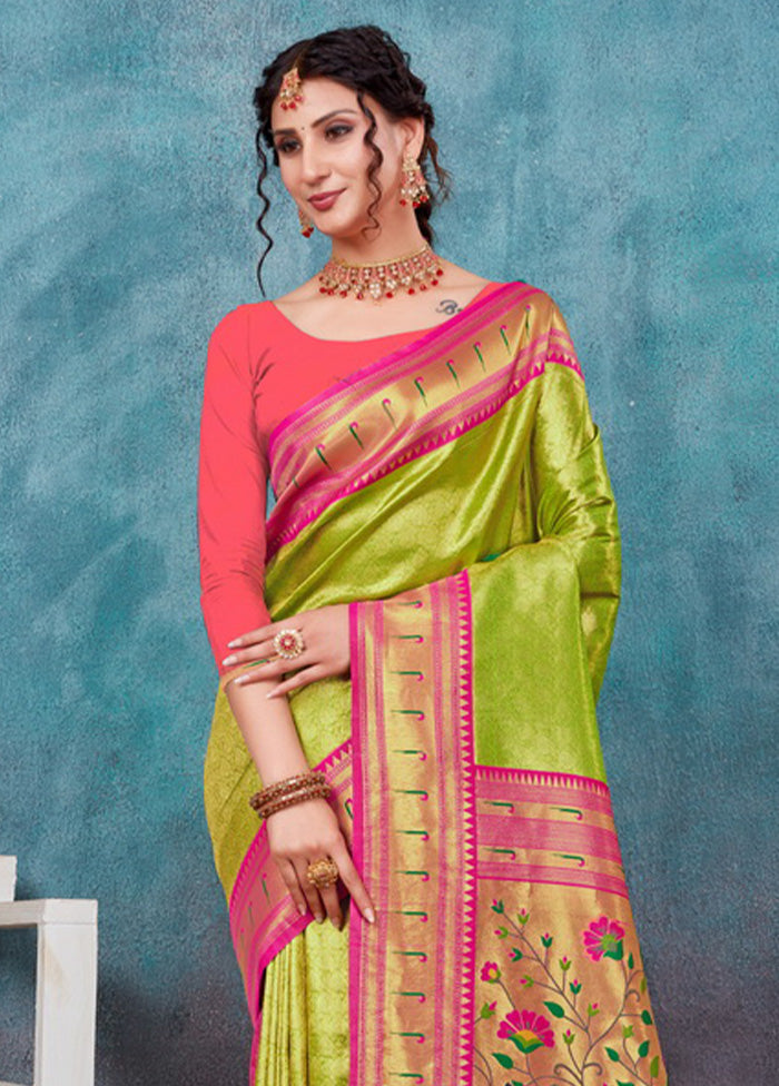 Parrot Green Paithani Silk Saree With Blouse Piece