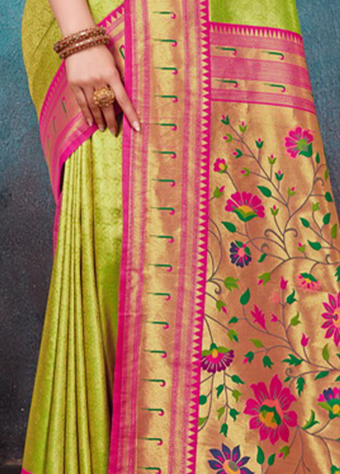 Parrot Green Paithani Silk Saree With Blouse Piece