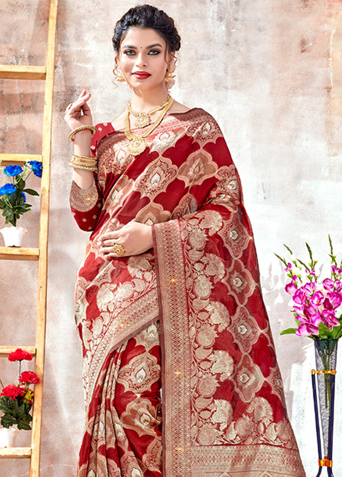 Maroon Organza Saree With Blouse Piece