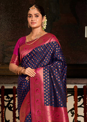 Navy Blue Spun Silk Saree With Blouse Piece