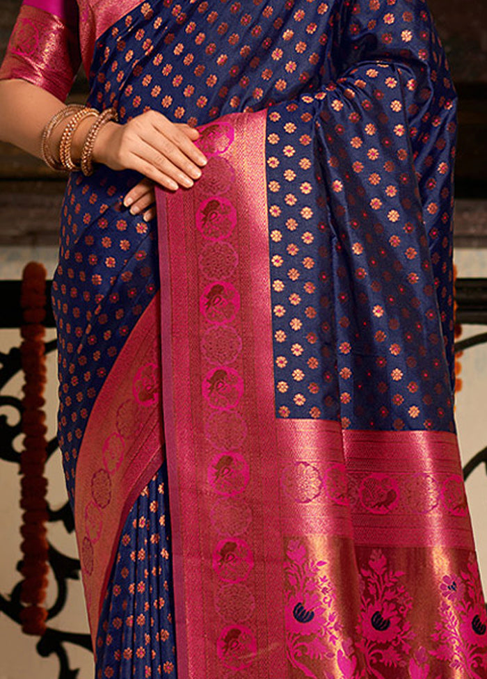 Navy Blue Spun Silk Saree With Blouse Piece