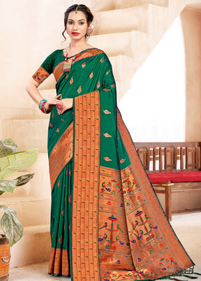 Dark Green Spun Silk Saree With Blouse Piece