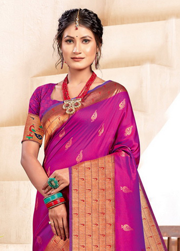 Magenta Spun Silk Saree With Blouse Piece