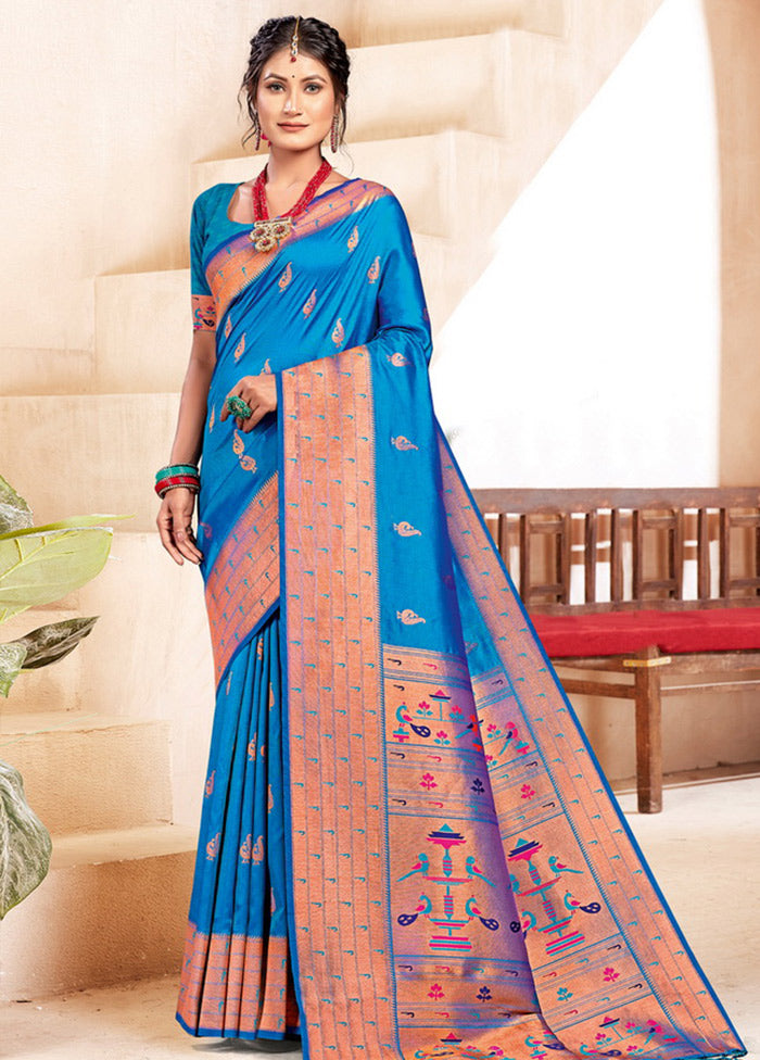 Sky Blue Spun Silk Saree With Blouse Piece