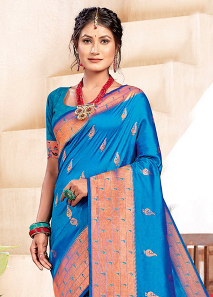 Sky Blue Spun Silk Saree With Blouse Piece