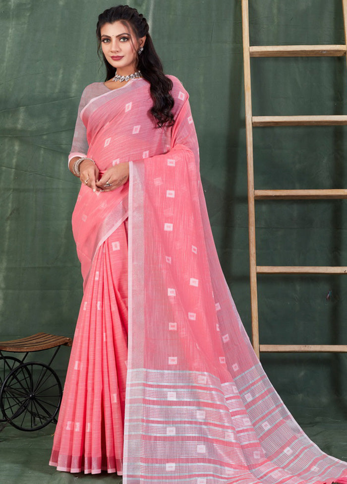 Pink Linen Silk Saree With Blouse Piece