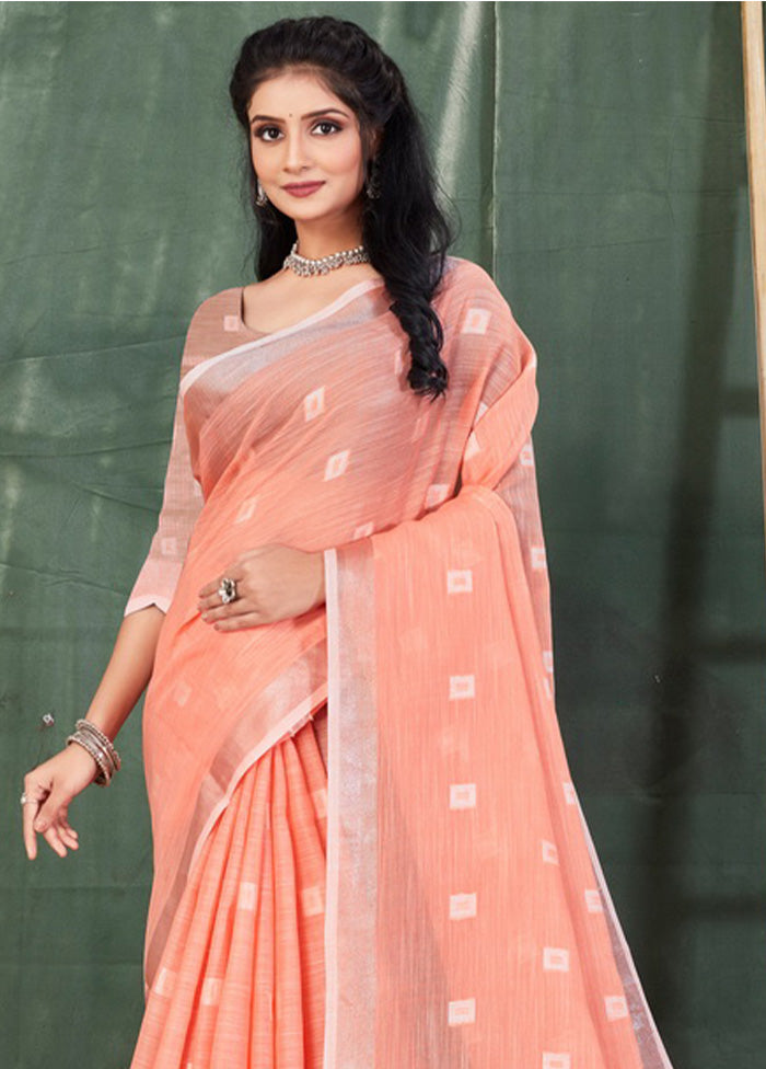 Peach Linen Silk Saree With Blouse Piece