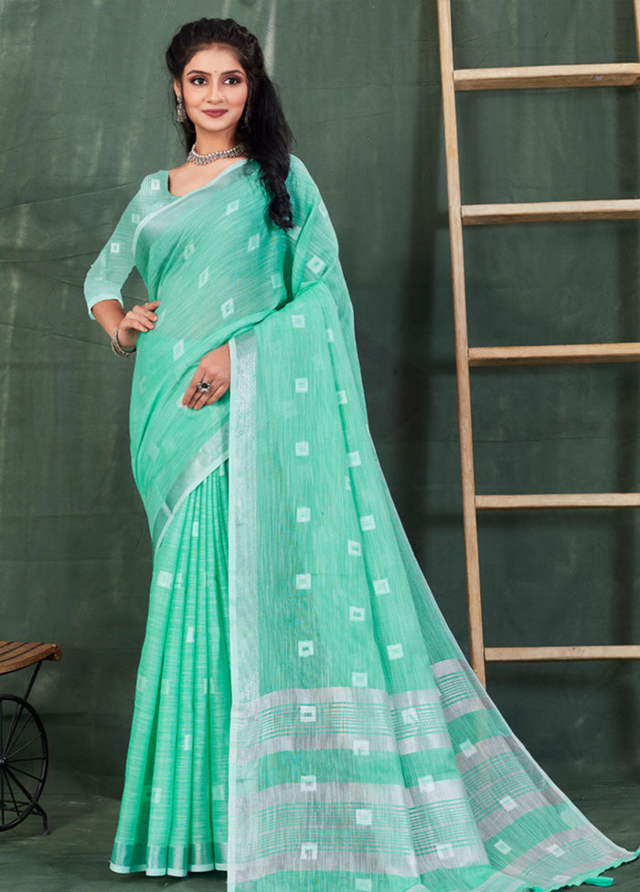 Sea Green Linen Silk Saree With Blouse Piece