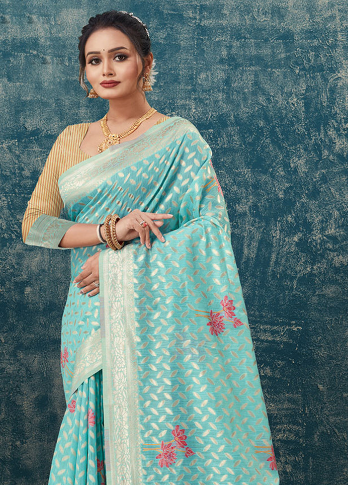 Sky Blue Kota Cotton Saree With Blouse Piece