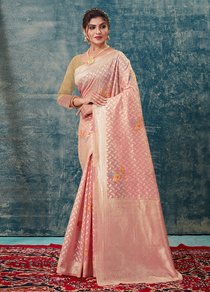 Peach Kota Cotton Saree With Blouse Piece