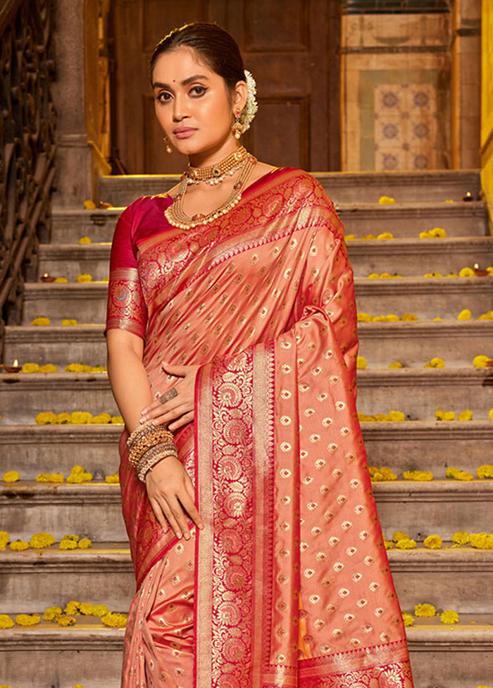 Peach Spun Silk Saree With Blouse Piece