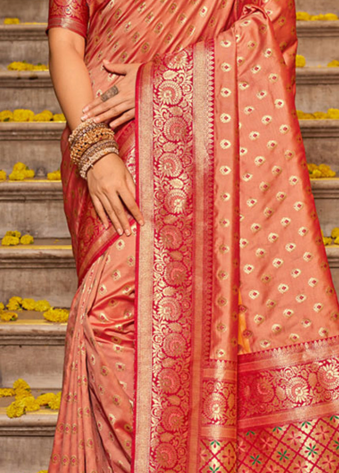 Peach Spun Silk Saree With Blouse Piece