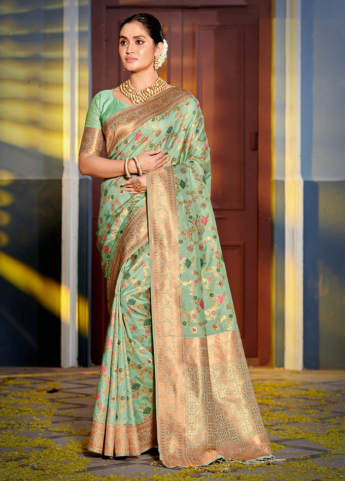 Sea Green Spun Silk Saree With Blouse Piece