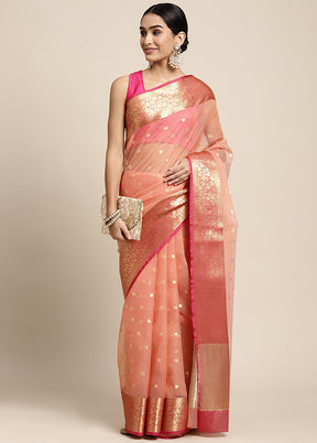 Peach Dupion Silk Saree With Blouse Piece