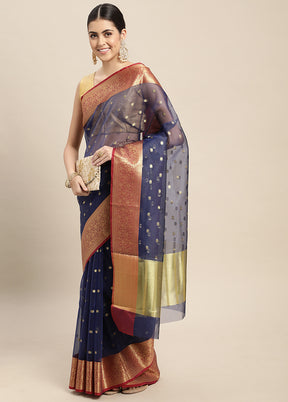 Navy Blue Dupion Silk Saree With Blouse Piece