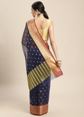 Navy Blue Dupion Silk Saree With Blouse Piece