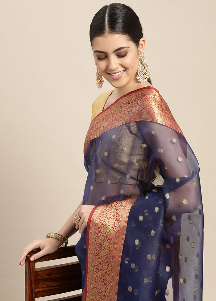 Navy Blue Dupion Silk Saree With Blouse Piece