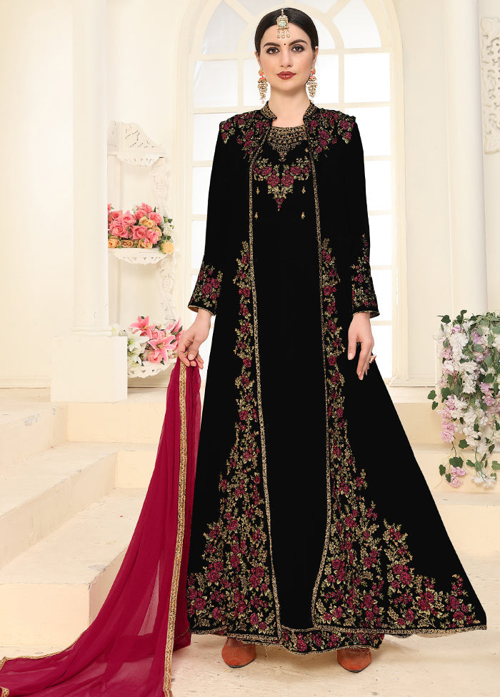 3 Pc Black Unstitched Georgett Suit Set With Dupatta