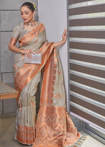 Grey Zari Woven Spun Silk Saree With Blouse