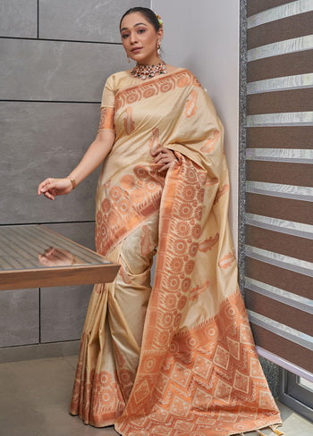 Ivory Zari Woven Spun Silk Saree With Blouse