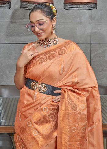 Peach Zari Woven Spun Silk Saree With Blouse