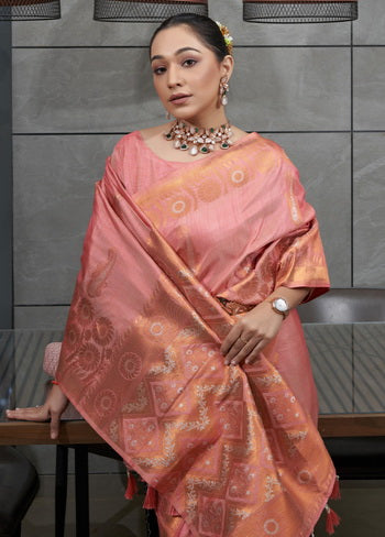 Pink Zari Woven Spun Silk Saree With Blouse