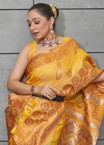 Yellow Zari Woven Spun Silk Saree With Blouse