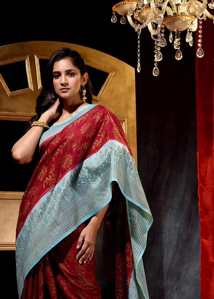 Maroon Dupion Silk Saree With Blouse Piece