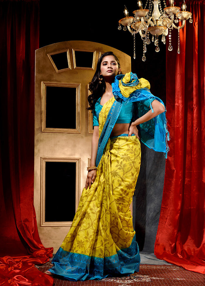 Yellow Dupion Silk Saree With Blouse Piece