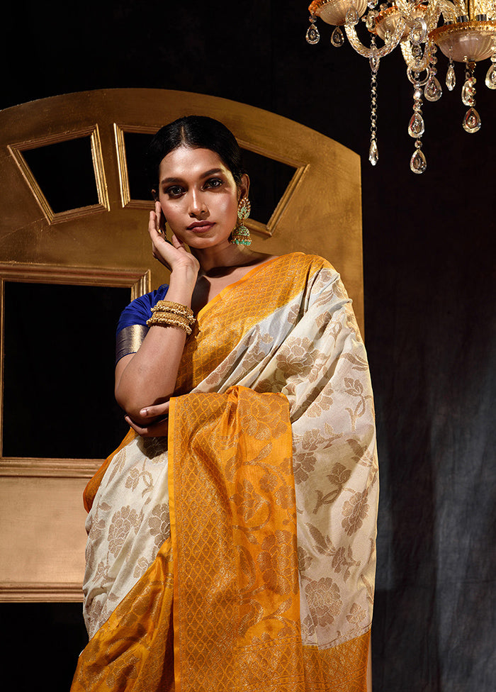 Off White Dupion Silk Saree With Blouse Piece