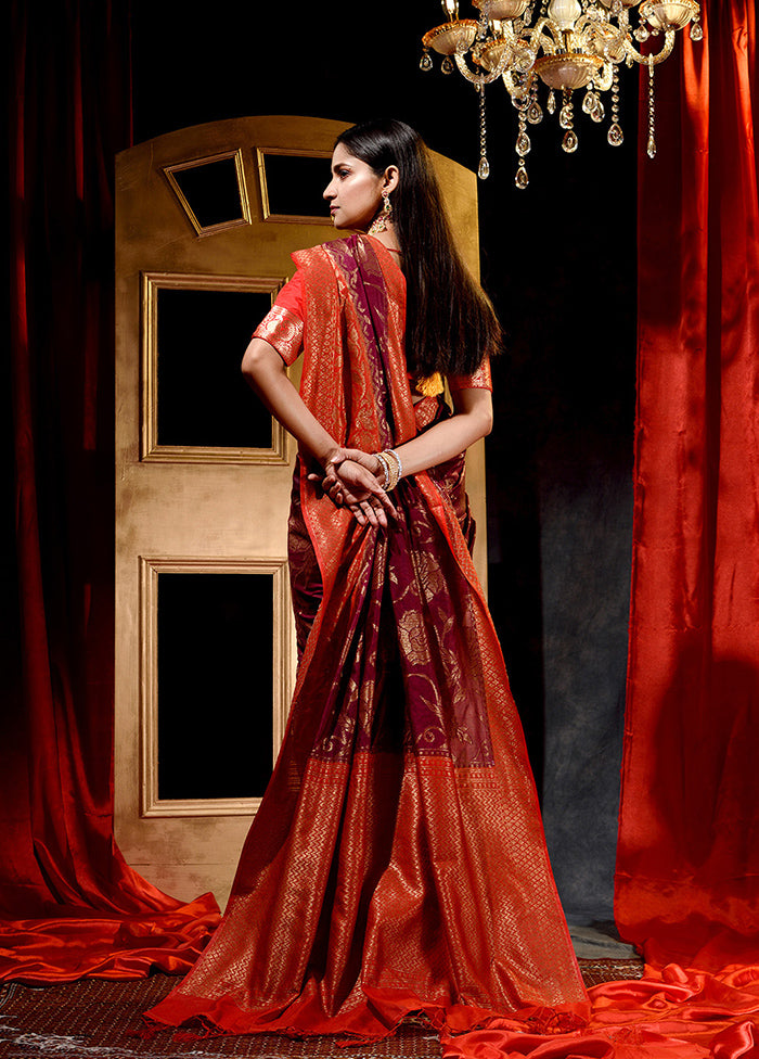 Maroon Dupion Silk Saree With Blouse Piece