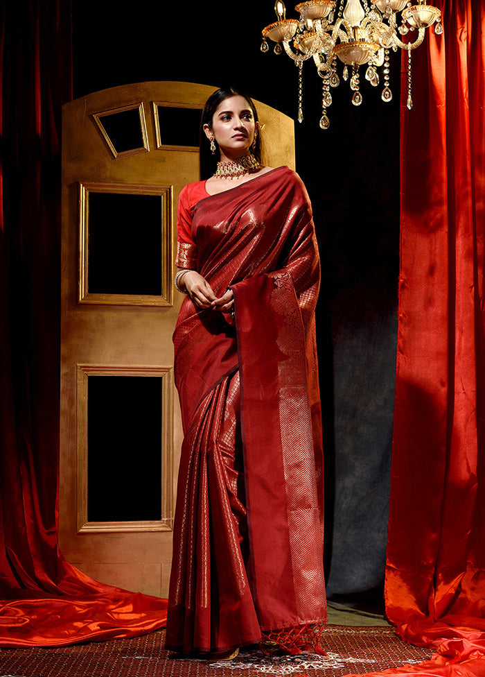 Maroon Dupion Silk Saree With Blouse Piece