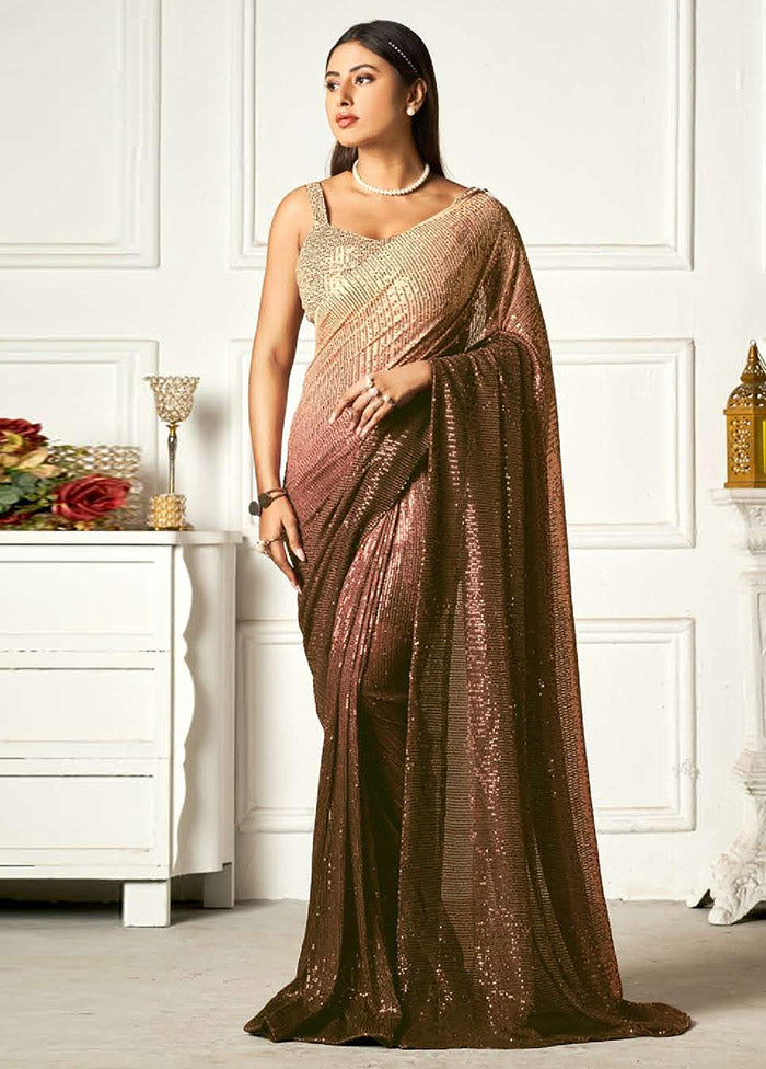 Brown Georgette Sequins Work Saree With Blouse Piece