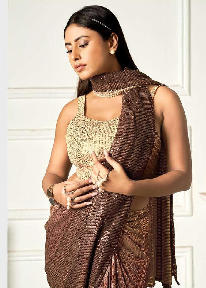 Brown Georgette Sequins Work Saree With Blouse Piece