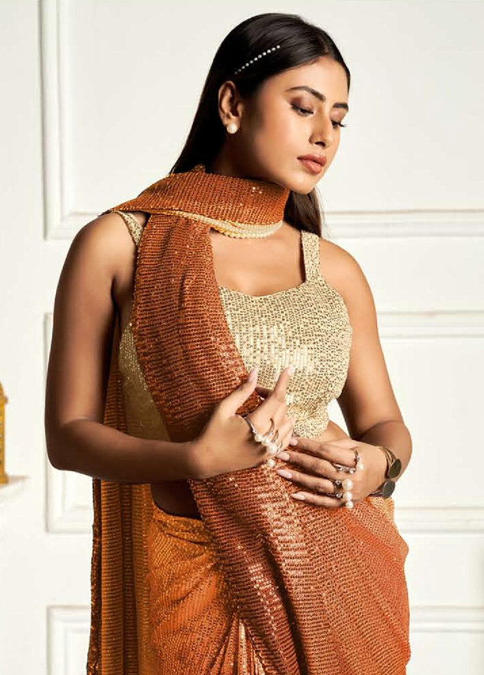 Orange Georgette Sequins Work Saree With Blouse Piece