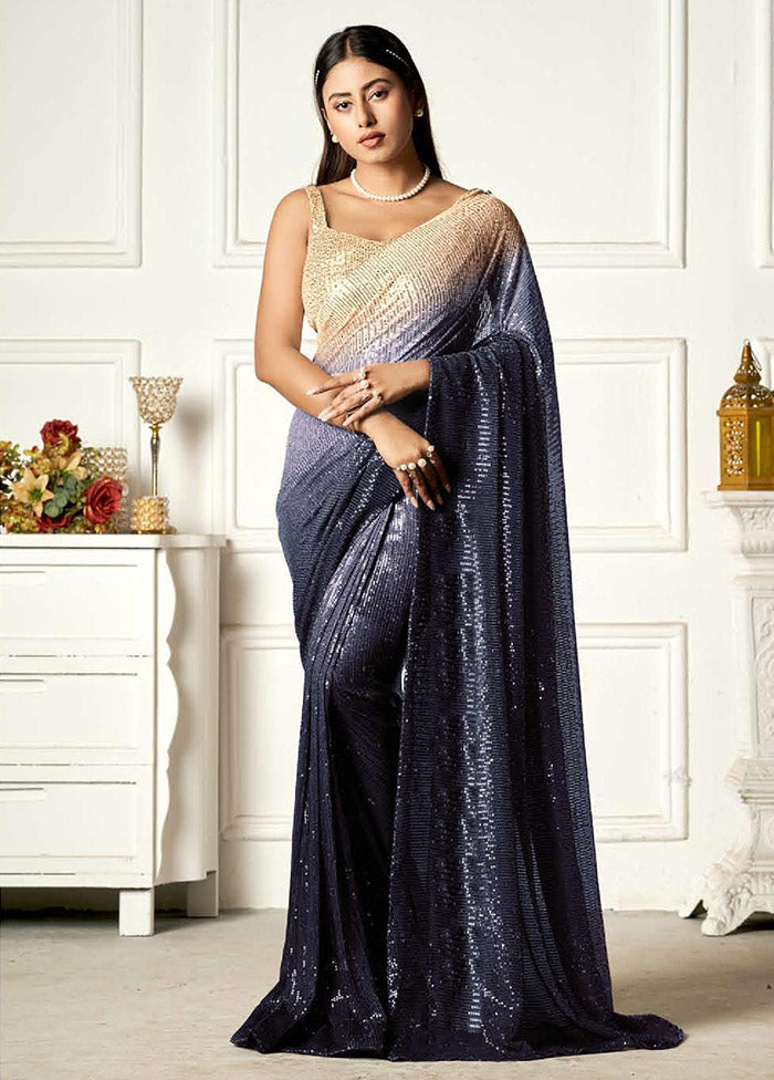 Blue Georgette Sequins Work Saree With Blouse Piece