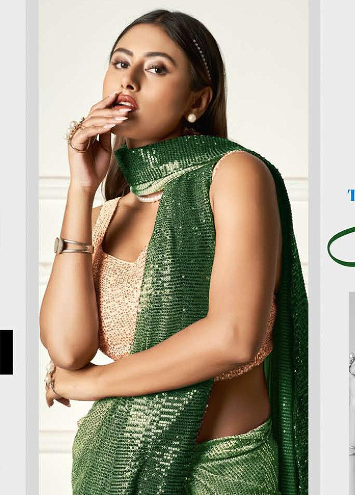 Green Georgette Sequins Work Saree With Blouse Piece