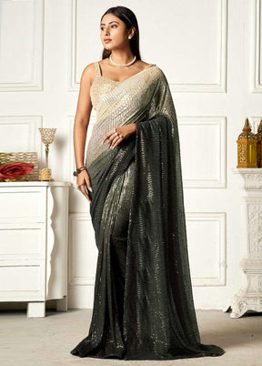 Greenish Black Georgette Sequins Work Saree With Blouse Piece