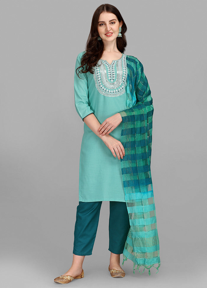 3 Pc Turquoise Blue Readymade Cotton Suit Set