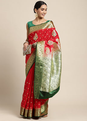 Red Dupion Silk Saree With Blouse Piece