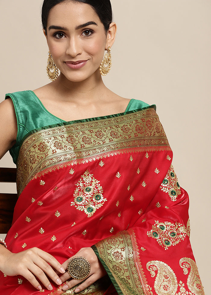 Red Dupion Silk Saree With Blouse Piece