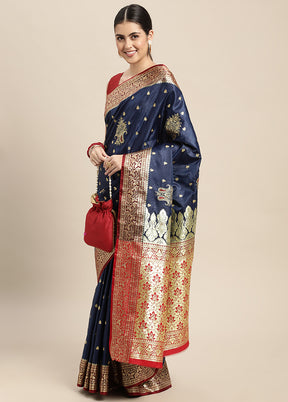 Navy Blue Dupion Silk Saree With Blouse Piece