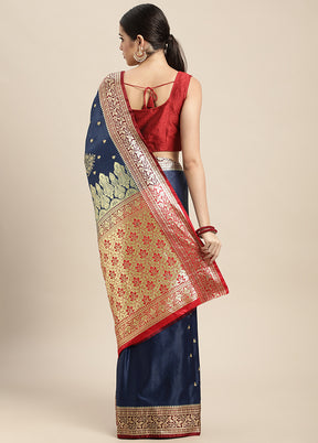 Navy Blue Dupion Silk Saree With Blouse Piece