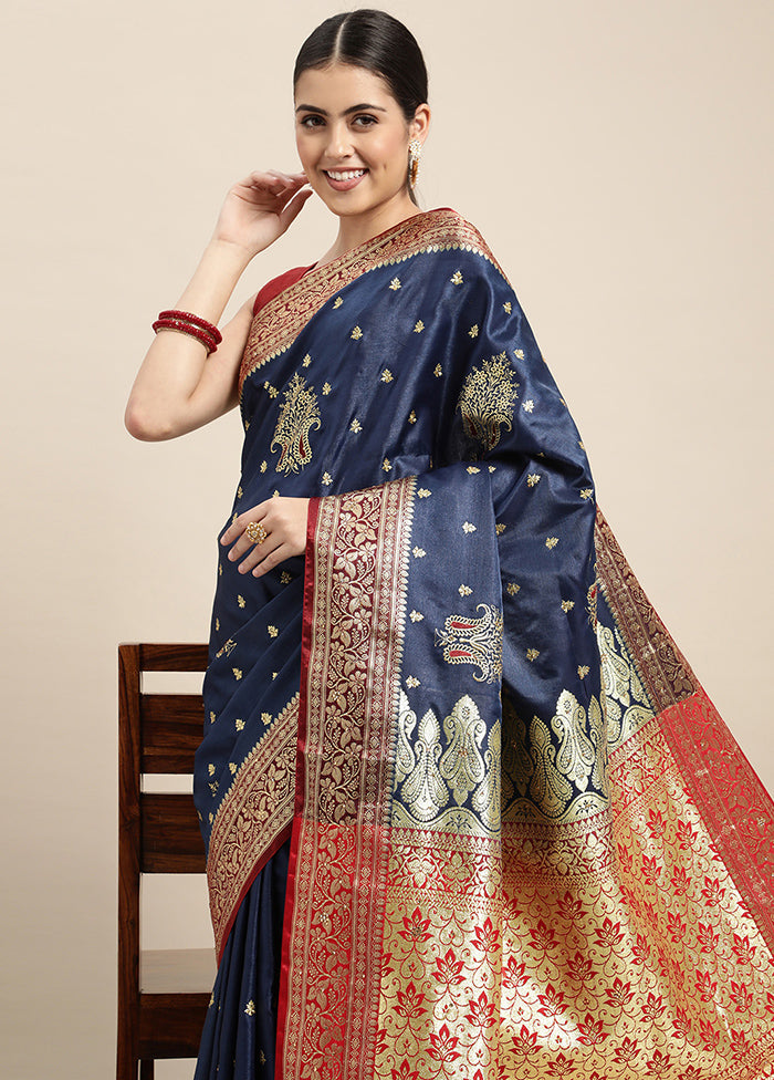 Navy Blue Dupion Silk Saree With Blouse Piece