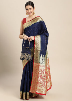 Navy Blue Dupion Silk Saree With Blouse Piece