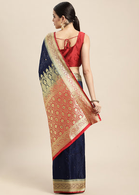 Navy Blue Dupion Silk Saree With Blouse Piece